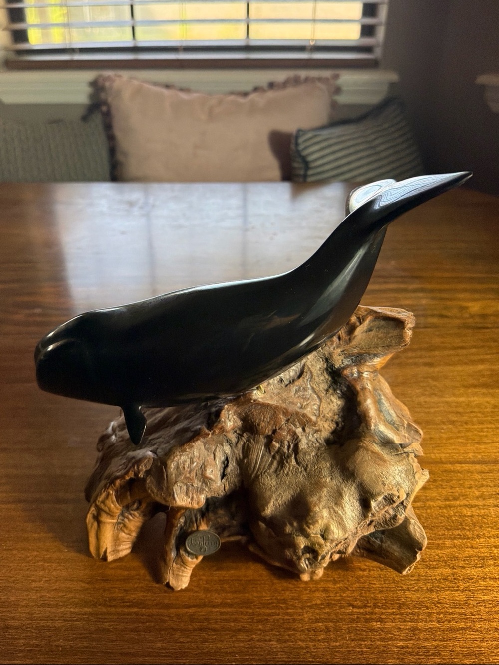 Vintage John Perry Handcrafted Black Whale Sculpture on Burlwood Base